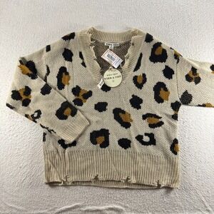 Moral Fiber Sweater Womens Medium Beige‎ Leopard Print Cropped Cozy Warm V Neck